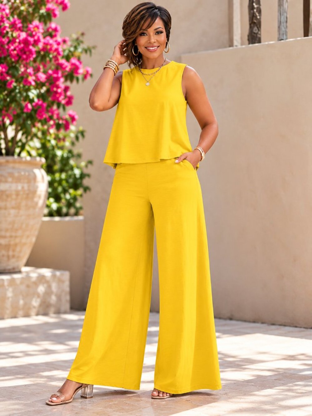 Butter Yellow Sleeveless Wide Leg Pants Set | Elegant 2 Piece Outfit XXL